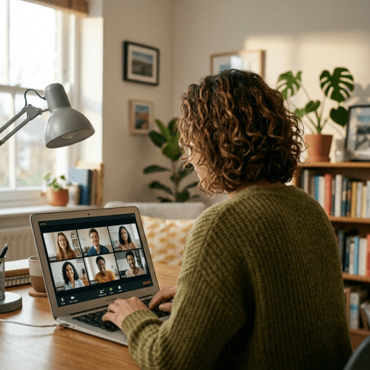 Woman in olive sweater on laptop video conferencing with six people